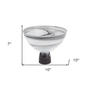 10" Black and Gray Swirl Mouth Blown Glass Footed Centerpiece Bowl