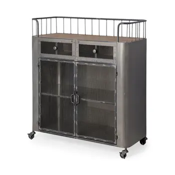 35" Gray Steel Metal And Wood Rolling Kitchen Bar Cart