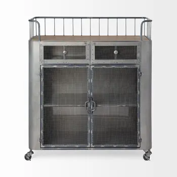 35" Gray Steel Metal And Wood Rolling Kitchen Bar Cart