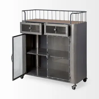 35" Gray Steel Metal And Wood Rolling Kitchen Bar Cart