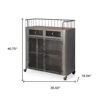 35" Gray Steel Metal And Wood Rolling Kitchen Bar Cart