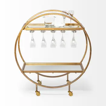 Gold 36" Round Rolling Kitchen Cart With Storage