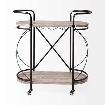 Cyclider Black Metal With Two Wooden Shelves Bar Cart