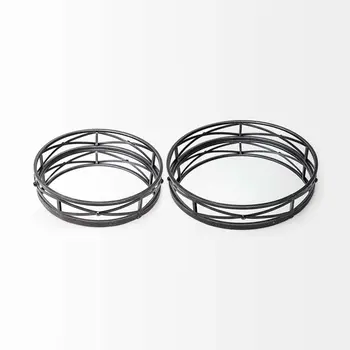 Set of Two Black Round Metal And Mirrored Glass Vanity Trays
