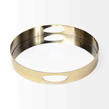 15" Gold And Mirrored Glass Round Metal Tray With Handles