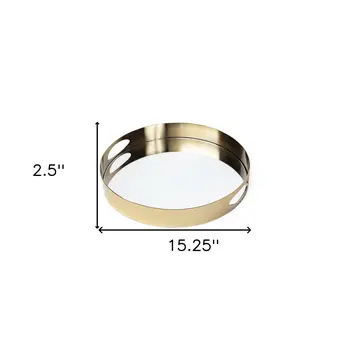 15" Gold And Mirrored Glass Round Metal Tray With Handles