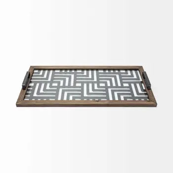 32" Brown and Black Glass Metal And Wood Geometric Serving Tray With Handles