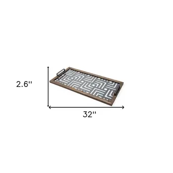 32" Brown and Black Glass Metal And Wood Geometric Serving Tray With Handles