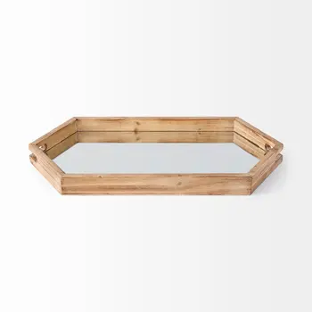 19" Natural and Brown Hexagon Wood Indoor Outdoor Tray With Handles