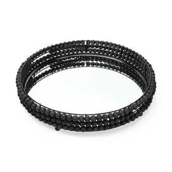 21" Matte Black Wood With Bead Mirrored Glass Bottom Round Tray