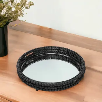 21" Matte Black Wood With Bead Mirrored Glass Bottom Round Tray