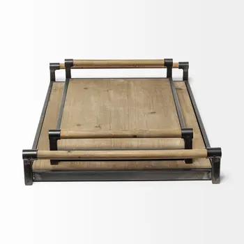 Set of Two Brown Wood Indoor Outdoor Serving Tray With Handles
