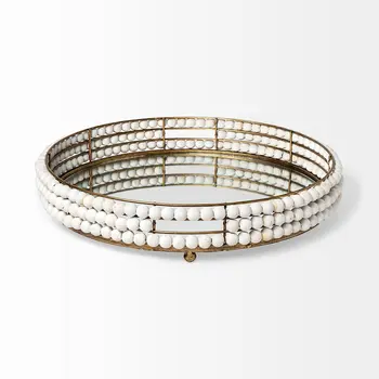 22" Antiqued Gold And White Metal Wood And Mirrored Glass Round Vanity Tray