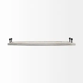 35" White and Natural Wood Indoor Outdoor Tray With Handles