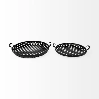 Set of Two Black Round Metal Indoor Outdoor Tray With Handles