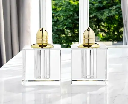 Handcrafted Optical Crystal And Gold Square Size Salt And Pepper Shakers