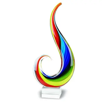 12" Clear Red Blue Yellow Murano Glass Modern Abstract Tabletop Sculpture