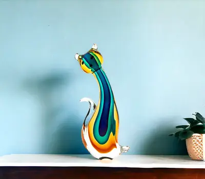 12" Clear Yellow Green Black Murano Glass Cat Figurine Tabletop Sculpture