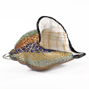 10" Gold Blue Green White Murano Glass Conch Shell Tabletop Sculpture