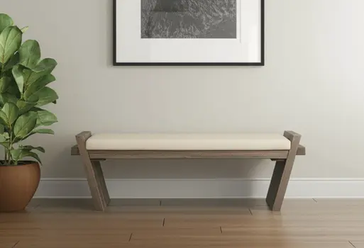 14" Cream and Brown Upholstered Linen Blend Bench