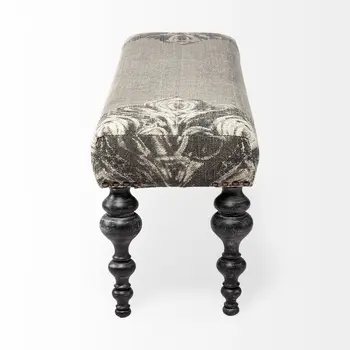 55" Gray and Black Upholstered Cotton Blend Floral Distressed Bench