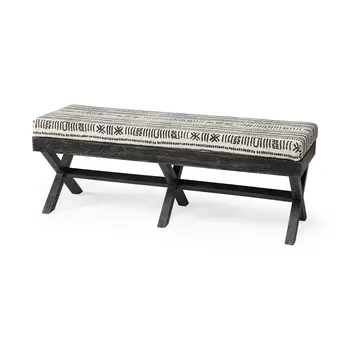 50" Gray Natural And Charcoal Abstract Tribal Cotton Blend And Solid Wood Bench