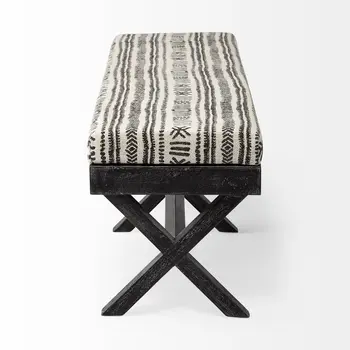 50" Gray Natural And Charcoal Abstract Tribal Cotton Blend And Solid Wood Bench