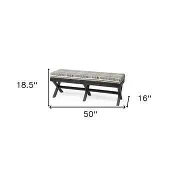 50" Gray Natural And Charcoal Abstract Tribal Cotton Blend And Solid Wood Bench