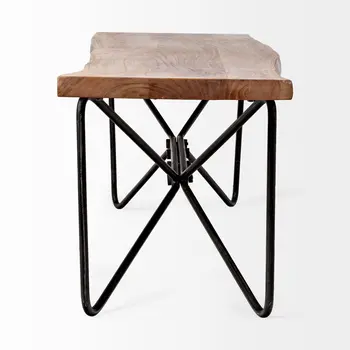 66" Brown and Black Distressed Live Edge Solid Wood Dining Bench