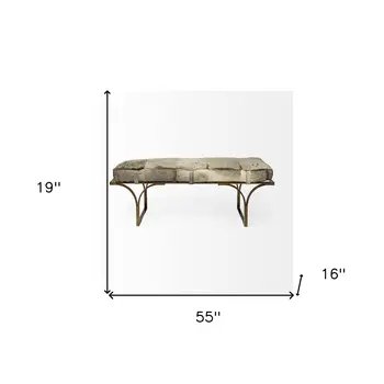 55" Gray and Antiqued Brass Faux Fur Upholstery Bench
