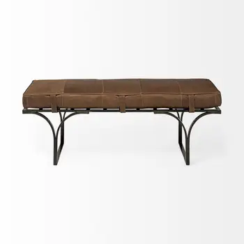 55" Brown and Black Genuine Leather Upholstery Bench