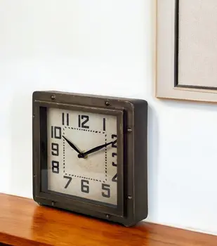 Square  Bronze Toned Metal Desk Table Clock With Traditional Black Numbers And Hands