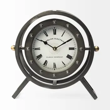 Gray Metal Circular Desk  Table Clock With Rivet Detail Frame