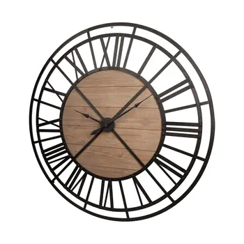 59" Black And Brown Metal and Solid Wood Skeleton Circle Wall Clock