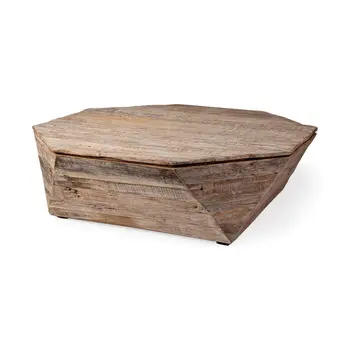 49" Natural Wood Octagon Distressed Lift Top Abstract Coffee Table