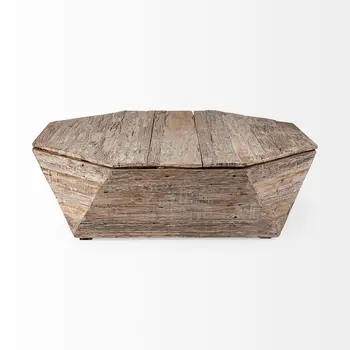 49" Natural Wood Octagon Distressed Lift Top Abstract Coffee Table