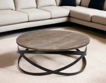 41" Brown and Black Solid Wood and Metal Round Coffee Table