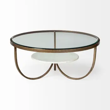36" Brown and Gold Wood and Metal Round Coffee Table With Shelf