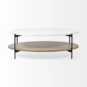 48" Brown and Black Genuine Marble and Metal Oval Coffee Table With Shelf