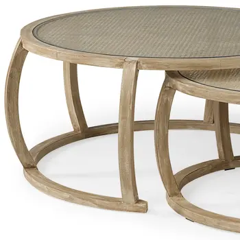 Brown Glass and Solid Wood Round Nested Coffee Tables