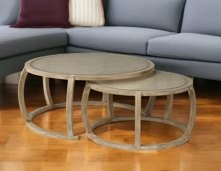 Brown Glass and Solid Wood Round Nested Coffee Tables