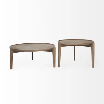 Set of Two Brown Solid Wood Round Nested Coffee Tables