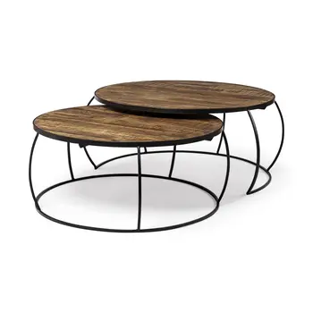 Brown and Black Wood and Metal Round Nested Coffee Tables