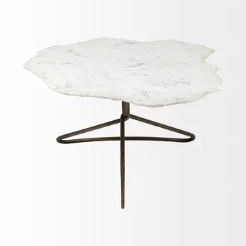 33" White and Gold Genuine Marble and Iron Free Form Coffee Table