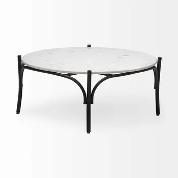 36" Brown and Black Wood and Metal Round Coffee Table