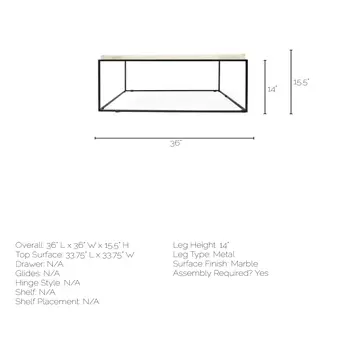 36" White and Black Genuine Marble and Metal Square Coffee Table