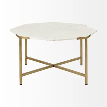 33" White and Gold Genuine Marble and Metal Octagon Coffee Table