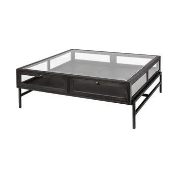42" Brown and Black Glass and Metal Square Coffee Table With Two Drawers