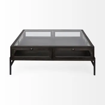 42" Brown and Black Glass and Metal Square Coffee Table With Two Drawers