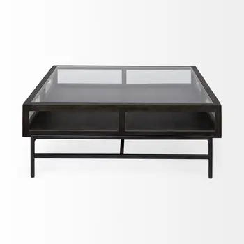 42" Brown and Black Glass and Metal Square Coffee Table With Two Drawers